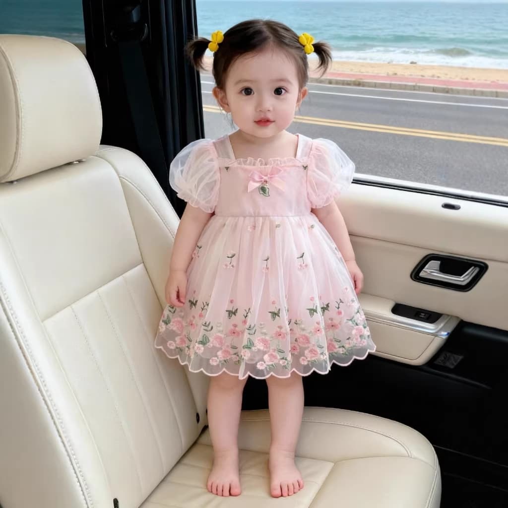 Summer Girls Princess Floral Embroidery 2026 Summer Mesh Baby Girl Dress Birthday First Birthday Party Gown