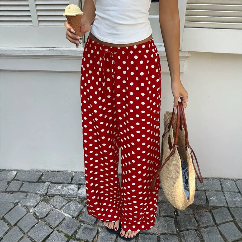 26 Styles Cross-Border Women's Red Polka Dot Print Low-Rise Straight Wide-Leg Pants Spring Summer Vacation Boho Style Wholesale