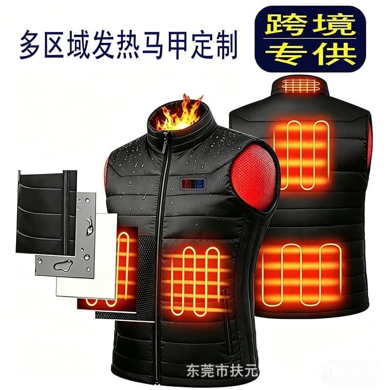 Cross-Border Smart Heated Vest Multi-Zone Round Neck Men's and Women's Electric Heating Vest USB Powered Heated Cotton Vest