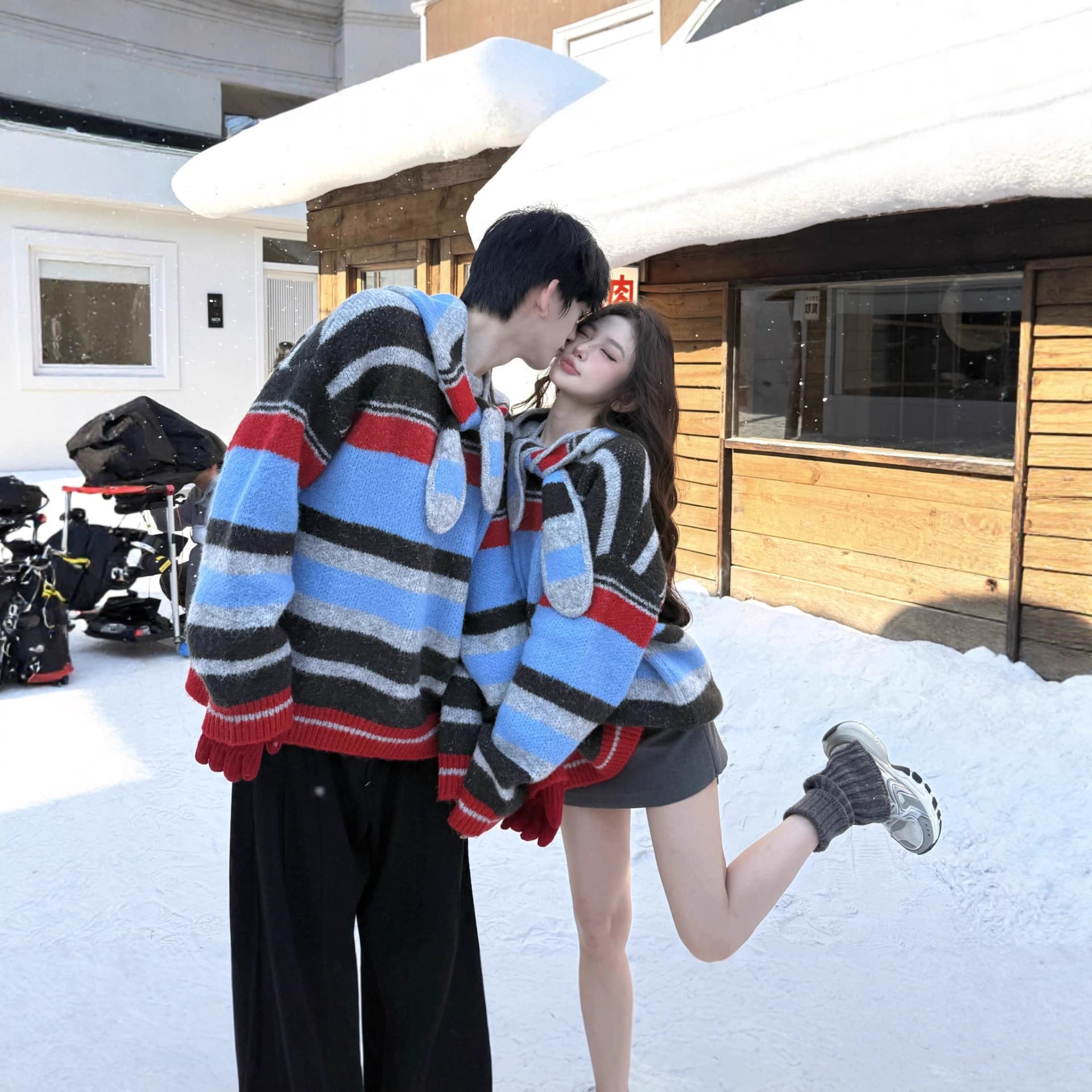 Unique Couple Matching Sweater for Fall/Winter, New Style with Cute Rabbit Hat Shawl, Striped Patchwork, Premium Loose Fit