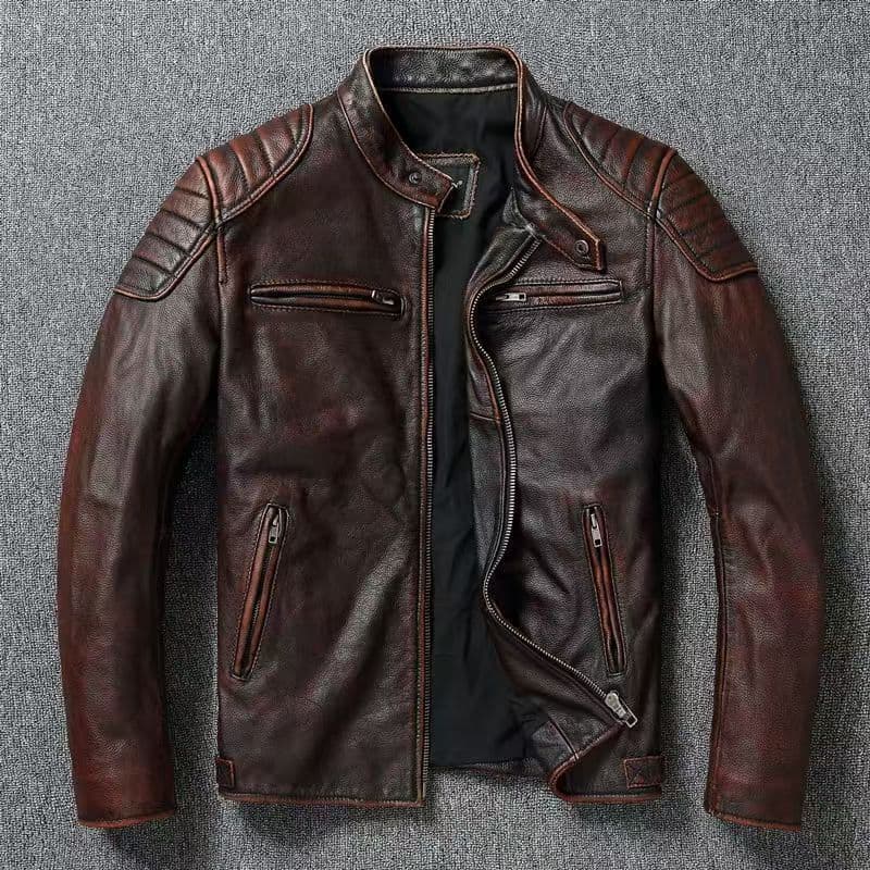 Hunting Style Short Cropped Bargain Leather Jacket Stand Collar Turn-Down Collar Men's Retro Stand Collar Motorcycle Slim Fit Leather Coat Outerwear