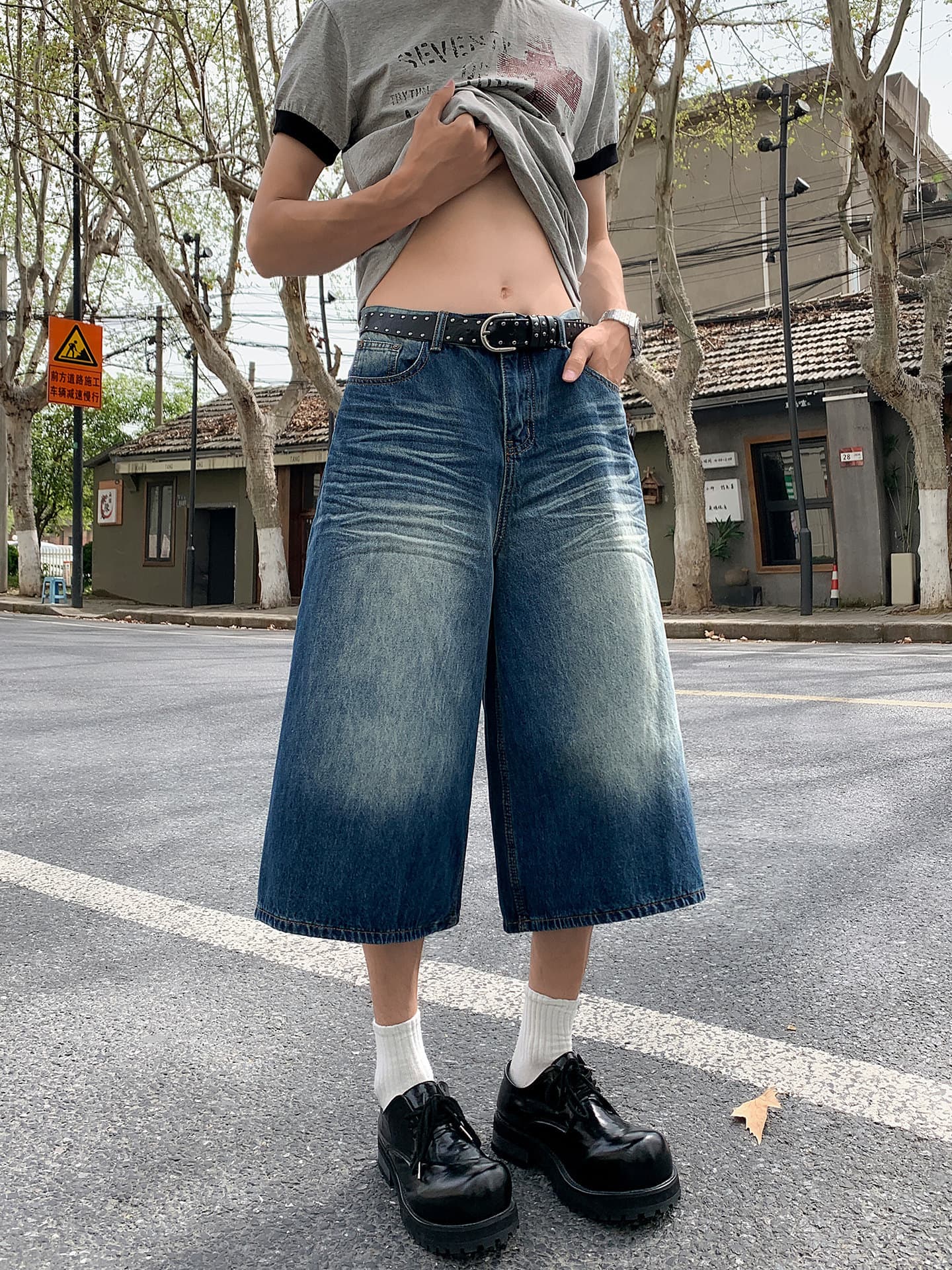 Men's Summer Thin Denim Capri Pants Washed Student Sporty Pants Trendy Cool Loose Straight Short Pants