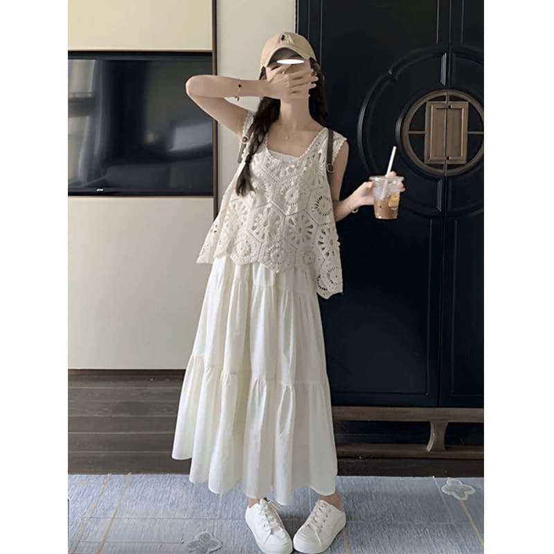 French White Dress Set for Women Summer 2026 New Style Fashionable Cutout Vest Long Skirt Two-Piece Set