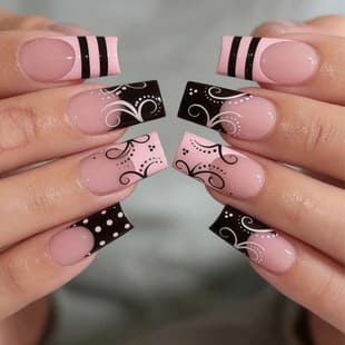 Lefan Nail Art Hot Girl Striped Polka Dot French Press-On Nails, Medium Square Oval False Nails Pattern Press-On Nails, Wholesale