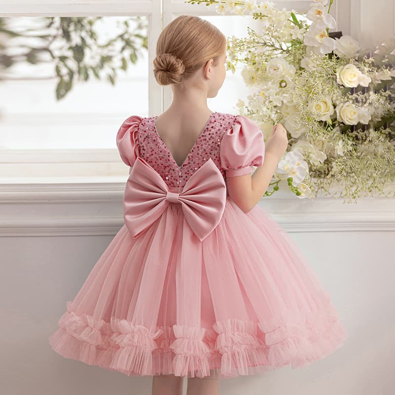 New Cross-Border Children's Bubble Sleeve Dress for Girls, Birthday Host Performance Gown, Flower Girl Little Wedding Princess Dress