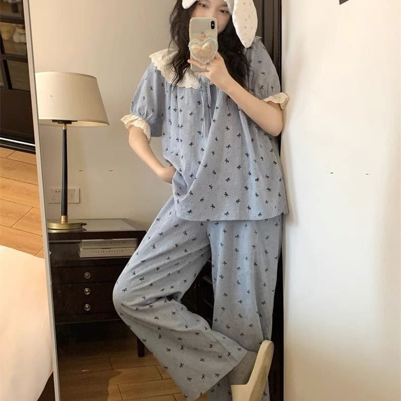 2025 Korean Style Cloud Cotton Short Sleeve and Long Pants Pajama Set for Women Spring Summer Autumn Lace Trim Homewear Pajamas