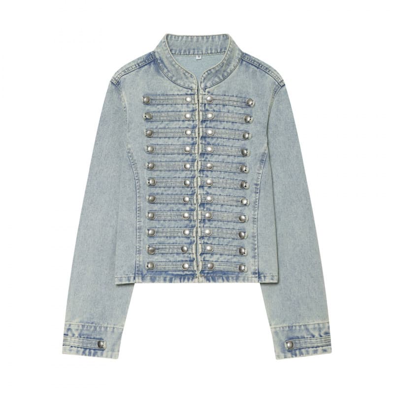 Cross-border Women's Clothing Wholesale 2026 New Retro Slim-fit Ribbed Button Versatile Napoleon Solid Color Denim Jacket