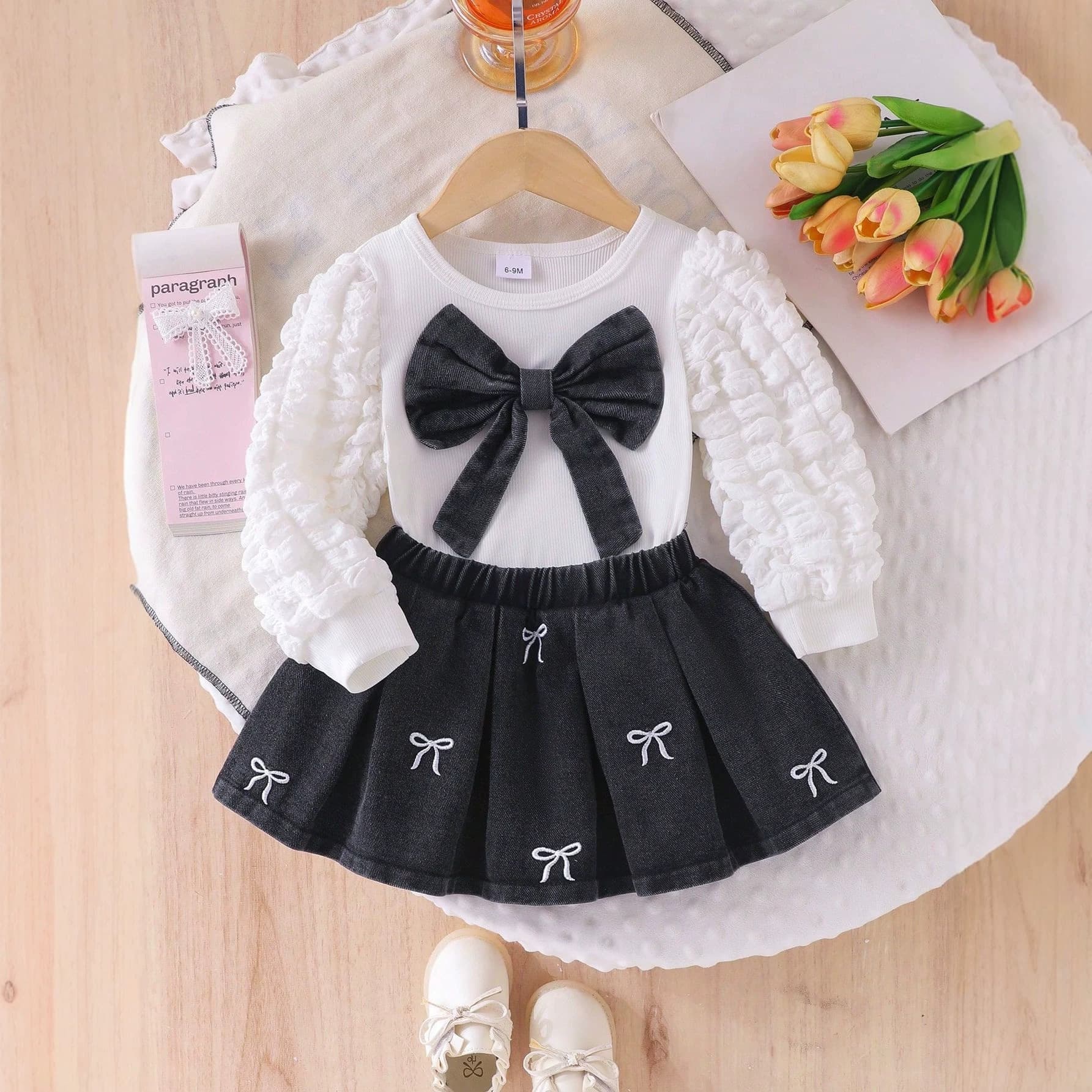 Yunbo Beibei Autumn/Winter Sweet Girls' Round Neck 3D Bow Puff Long-Sleeve Embroidered Denim Pleated Skirt Set