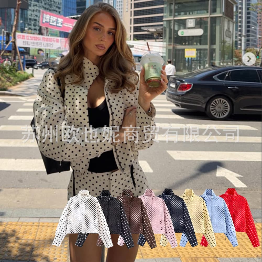 High-quality ZA cross-border European and American style women's stand collar early autumn polka dot seersucker jacket pilot loose drawstring