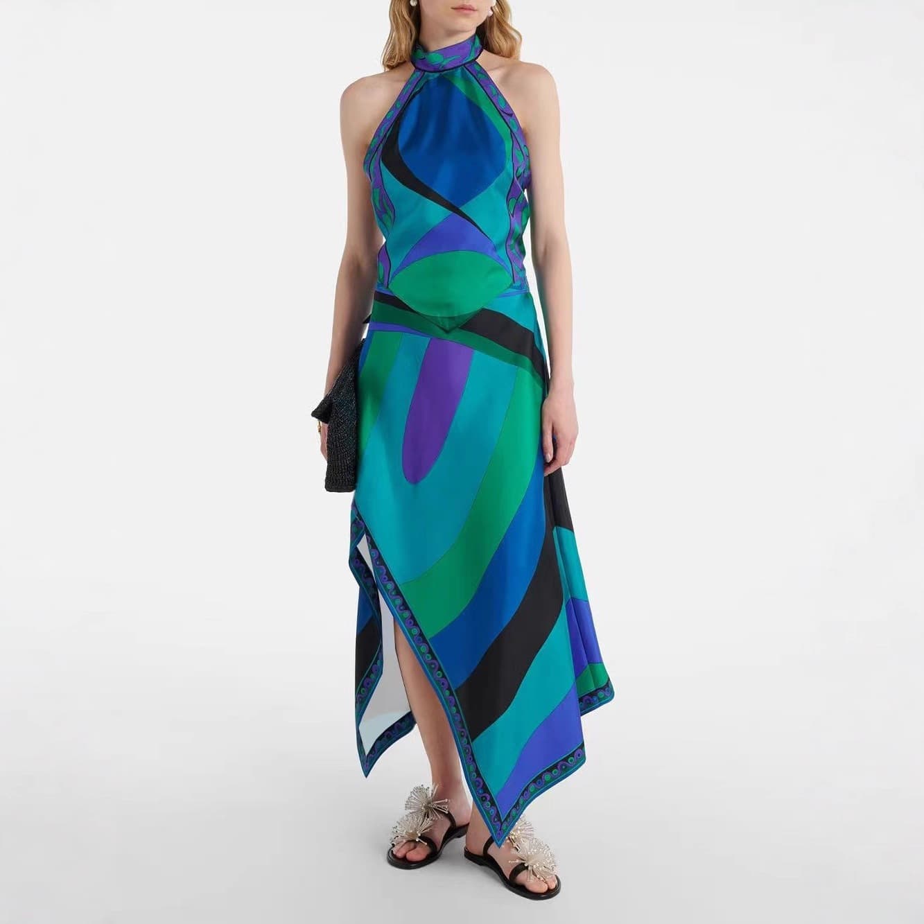 2025 New Printed Halter Top with Open Back and Irregular Skirt Two-Piece Set