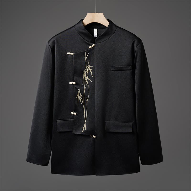 2025 Autumn New Chinese Style Golden Bamboo Embroidery Stand Collar Design Suit Jacket Same Style Wood Button Jacket for Men and Women