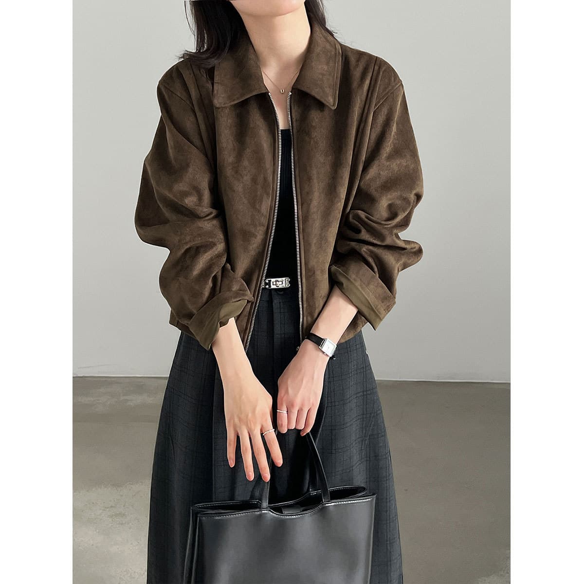 Luxi Suede Vintage Lapel Shoulder Jacket for Women 26 Autumn New Maillard Casual Short Coat 39004