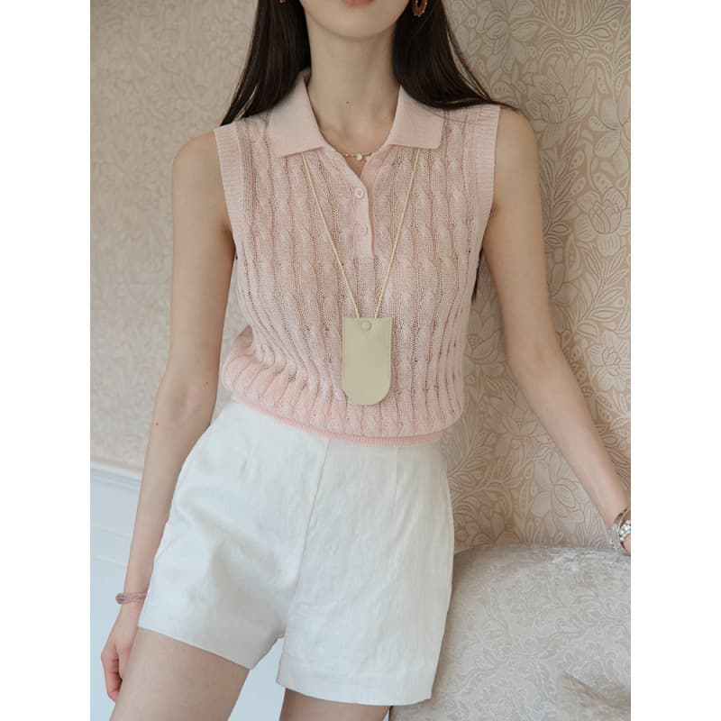 Breathable Paper Yarn Cotton Vintage Cable Knit Polo Collar Vest Old Money Style Lapel Sleeveless Top A65006