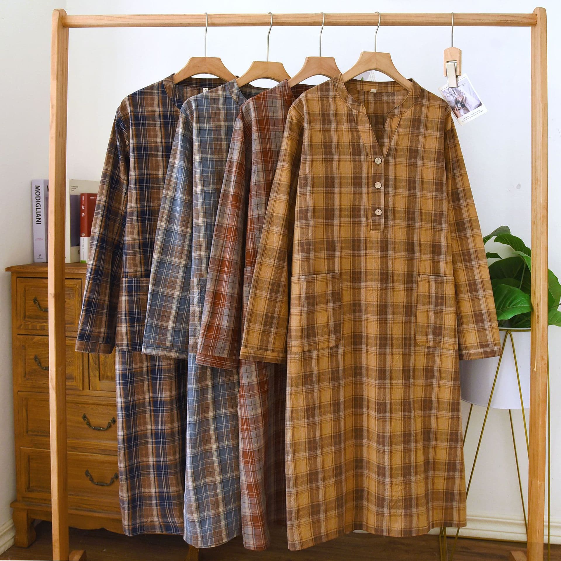 Cotton Women's Nightgown Plus Size Homewear Washed Cotton Long Sleeve Plaid Style Simple Thin Mid-Length Loungewear Dress
