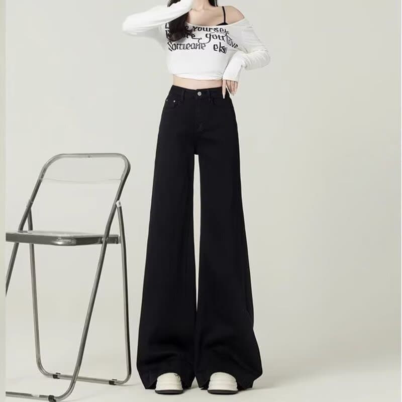 Plus Size Women's Black Flare Jeans for Heavy Set Ladies, Autumn New Arrival High-Waist Slimming Wide-Leg Pants