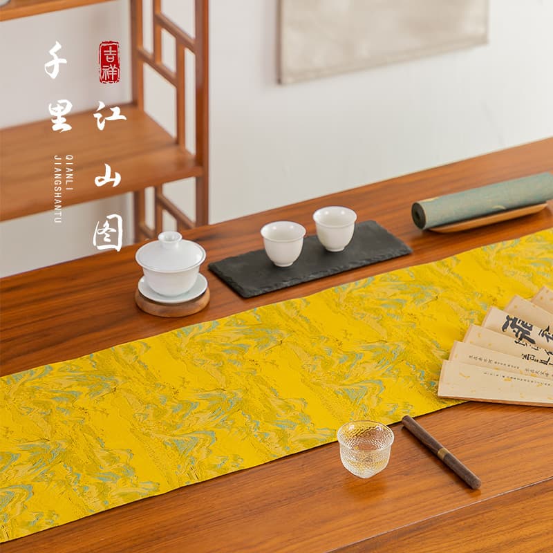 New Chinese brocade anti-slip waterproof tea mat, premium table runner with Thousand Miles of Rivers and Mountains tea tablecloth