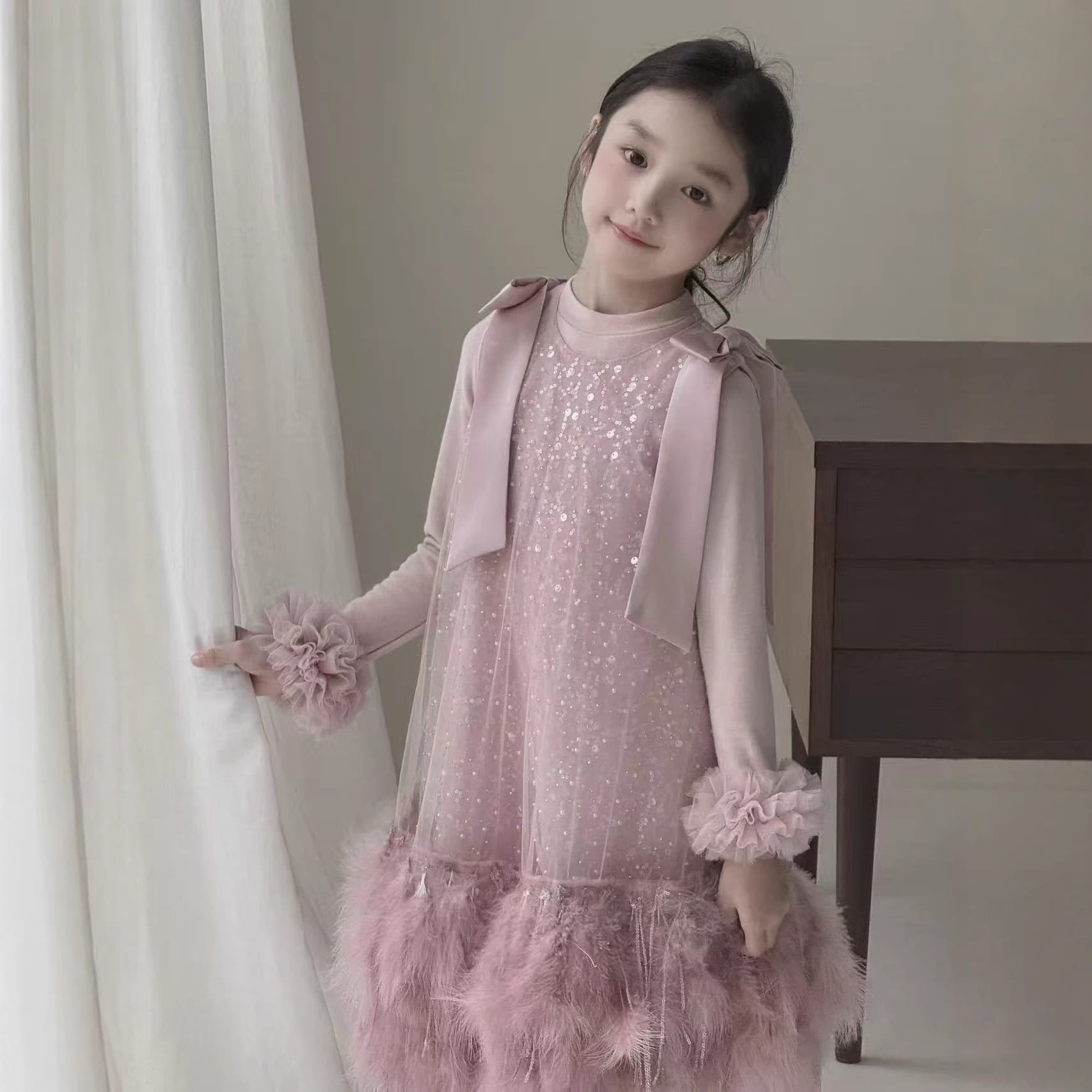 YYBR Girls' New Feather Sequin Sleeveless Dress, Sweet Pink Princess Tulle Dress with Bow