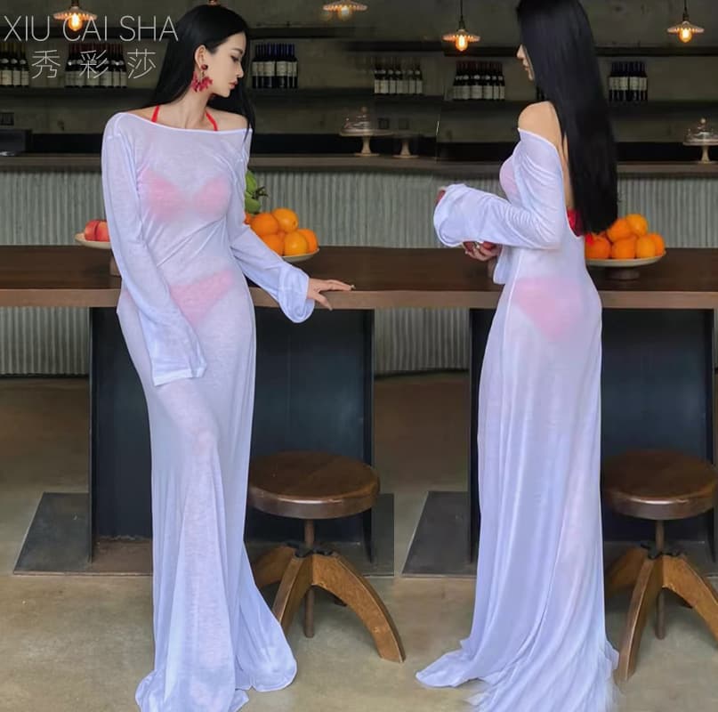 Sexy European And American Underwear Long Sleeve Beach Dress Teasing Women's Clothing See through Net Swimsuit Style Viscose Fabric