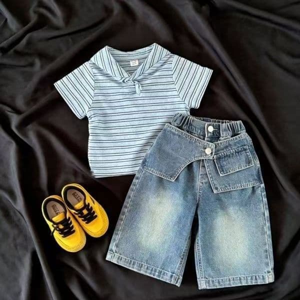 Children's summer suit 2026 new male and female baby college style short-sleeved Korean style fart curtain jeans two-piece set