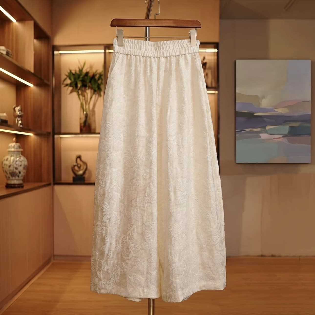 Summer New Style New Chinese Style Butterfly 3D Embossed High-Waisted Slimming Wide-Leg Cropped Pants