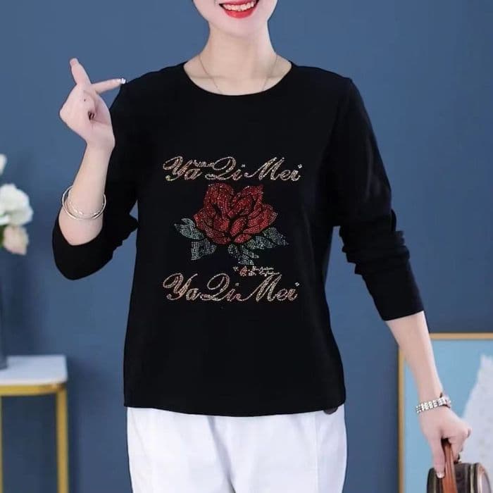 2025 New Spring Mother's Rhinestone Long-Sleeve Base Tee, Slim Fit, Versatile European Style Long-Sleeve T-Shirt Inner Layer Top