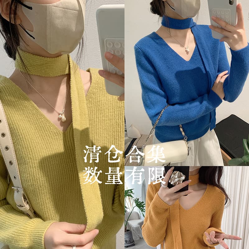 Clearance welfare model in stock autumn and winter V-neck solid color long-sleeved sweater sweater with ribbon