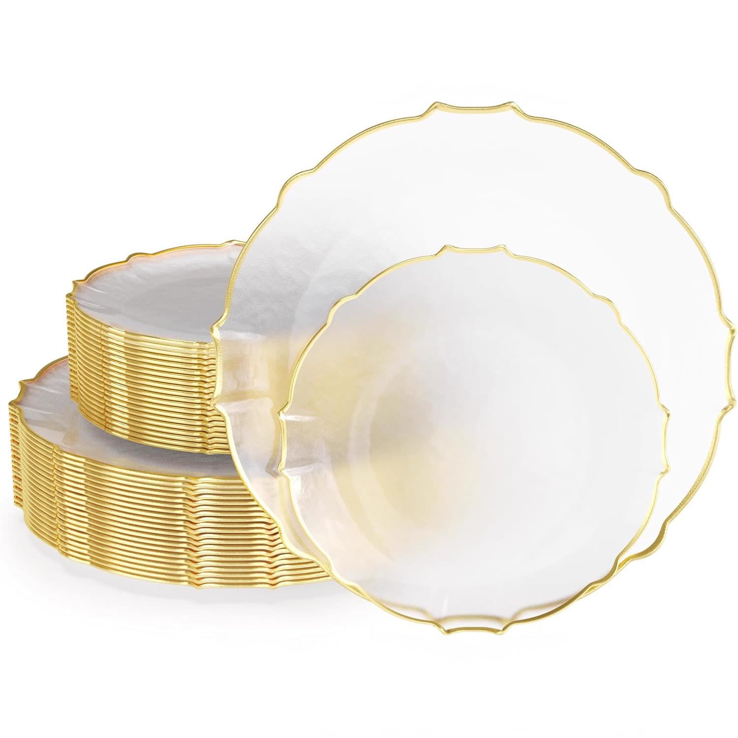 Clear Gold Plastic Plates - Fancy Lace Edge Clear Plates with Gold Trim Hammered Disposable Dinner Plates
