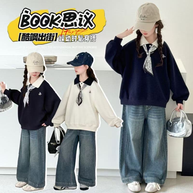 Girls' Hoodie Spring Autumn Outfit Big Girl Korean Style Set Kids School Style Turn-down Collar Polo Shirt Top