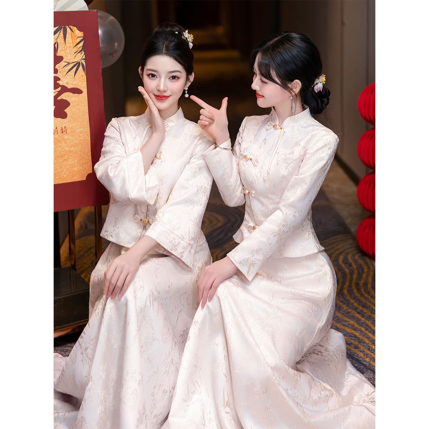New Chinese Style Bridesmaid Dress for Women 2025 New Wedding Best Friend Group Gown, Long Sleeve Cheongsam Two-Piece Set, High-End