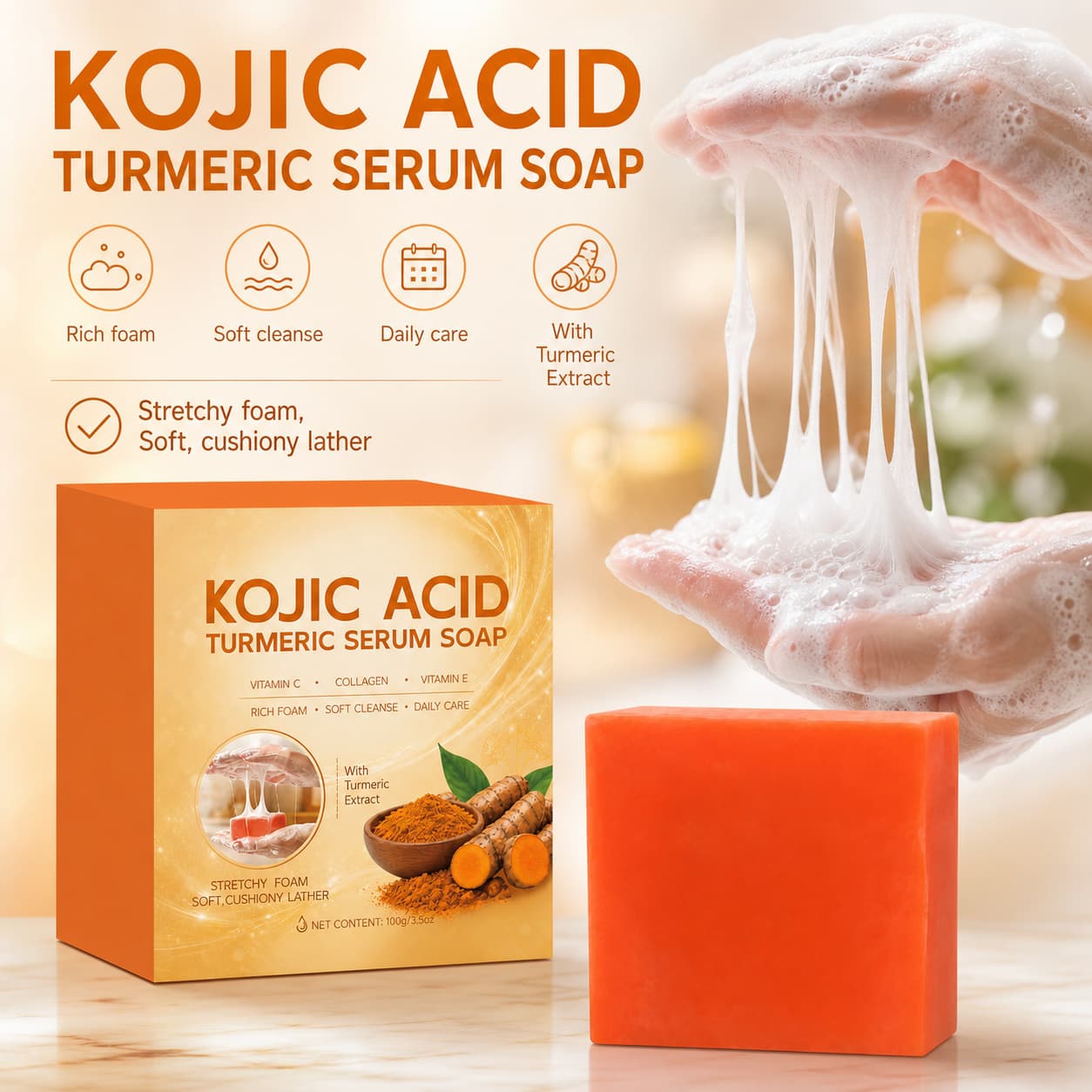 Cross-border tk hot selling kojic acid kojic acid soap silk protein turmeric cleansing oil control brightening skin color handmade soap