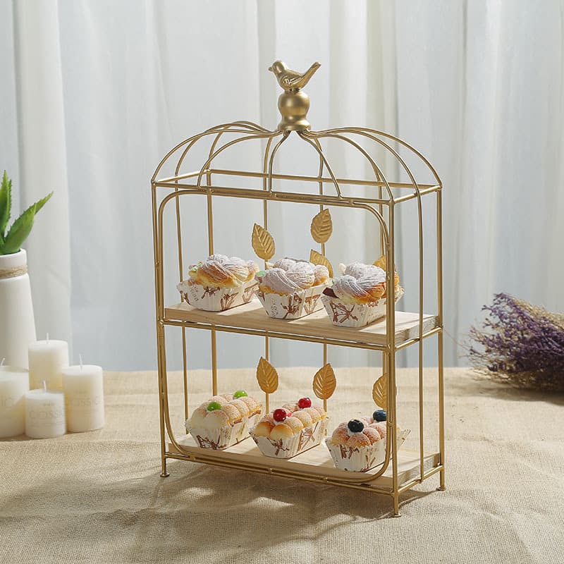 Double-layer Birdcage Wooden Dessert Stand Cold Plate Cake Display Stand Buffet Snack Rack Iron Cake Stand