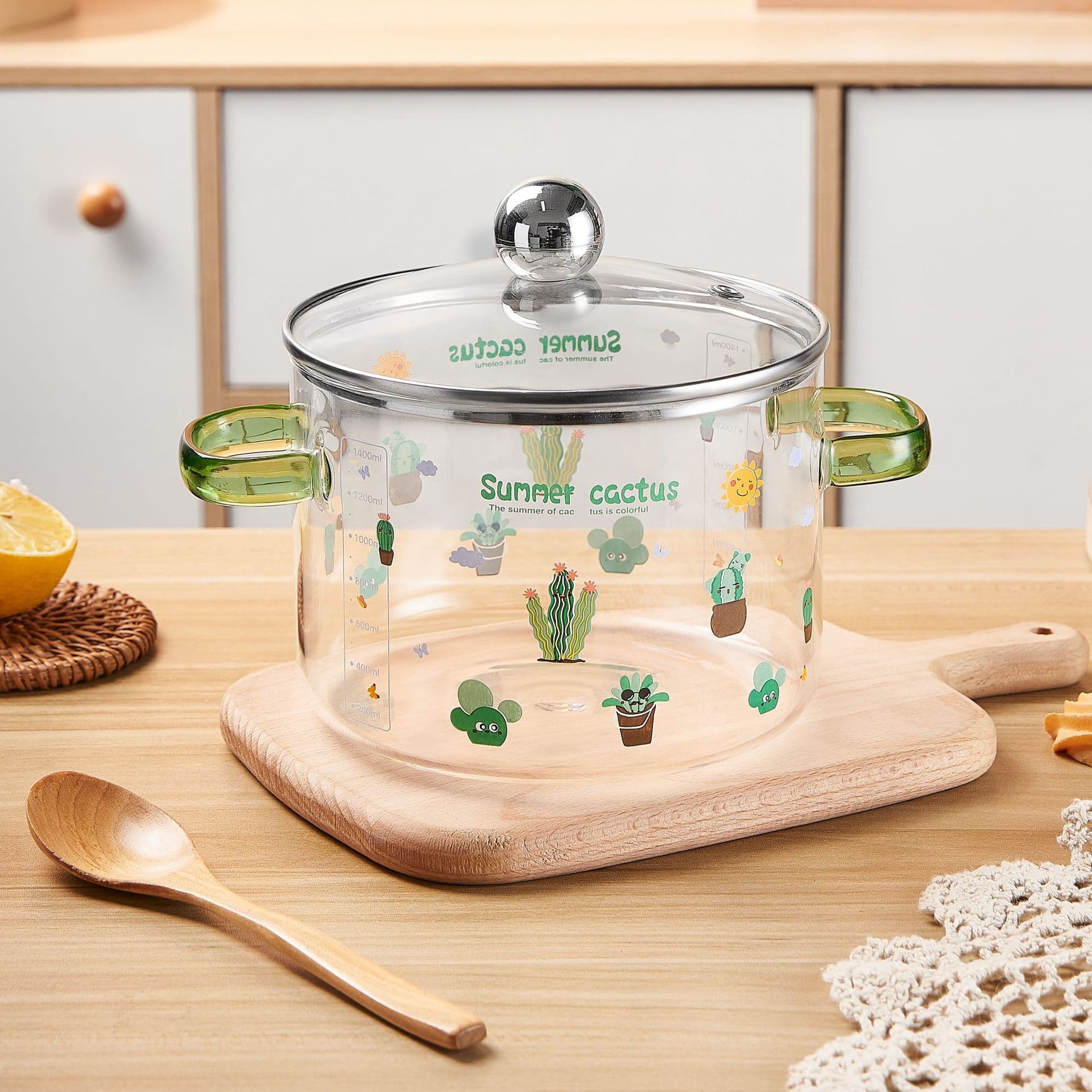 High borosilicate glass heat-resistant double-handled stew pot, usable on electric ceramic cookers for cooking porridge, desserts, fruit bowls, salad, and instant noodles.