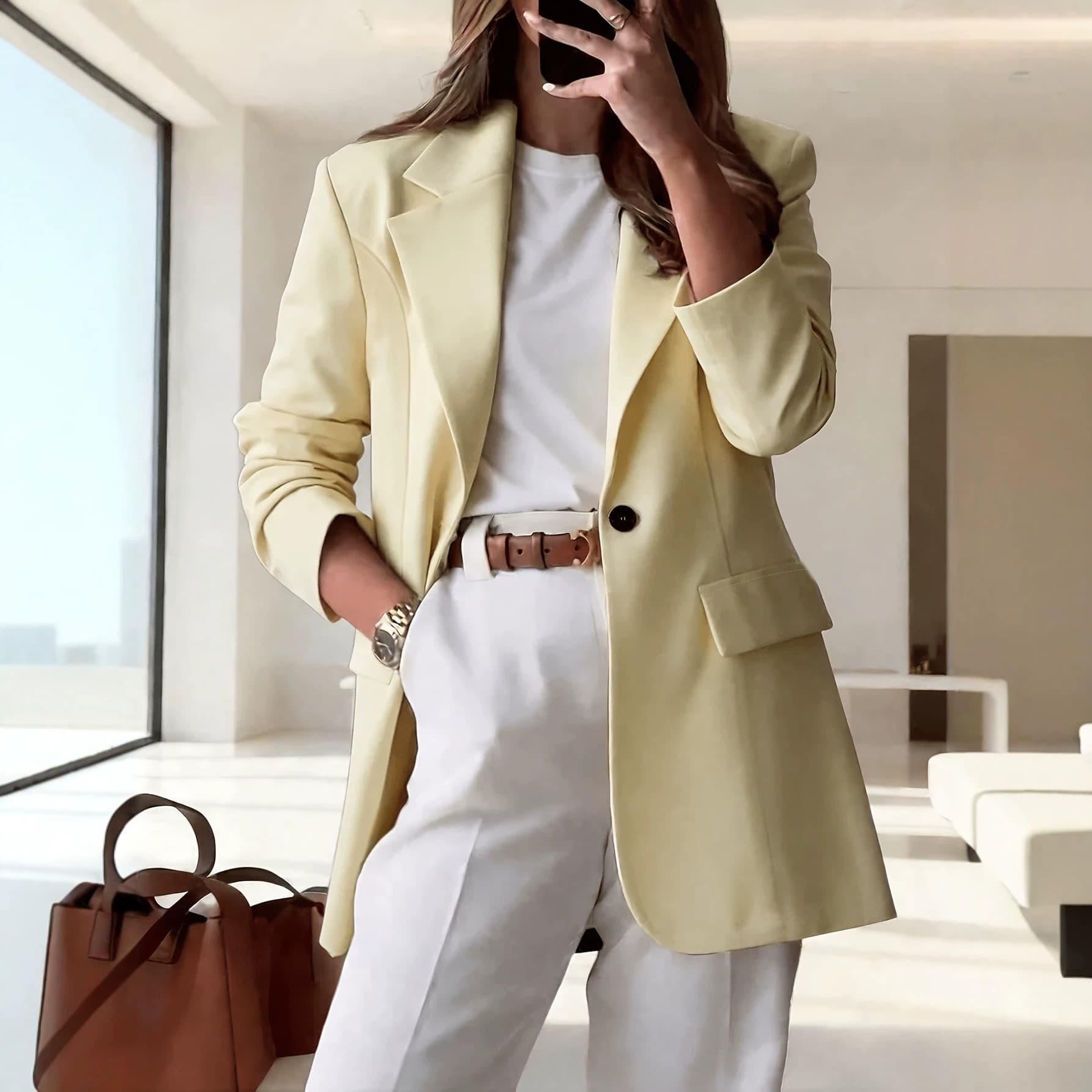 Cross-border European and American Women's Blazer Light Yellow Notch Lapel Single Button Loose Fit Small Suit Casual Office Draping Blazer