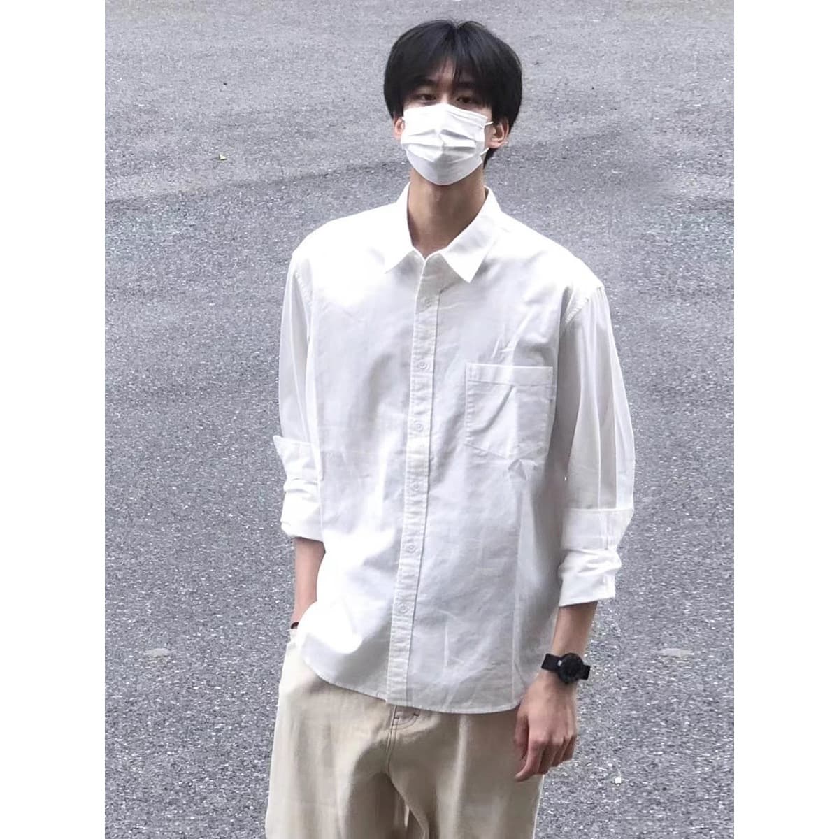 Men's Cool Silk Cotton Basic Square Neck with Pocket Loose Fit Long Sleeve Shirt for Spring, Autumn, and Winter White