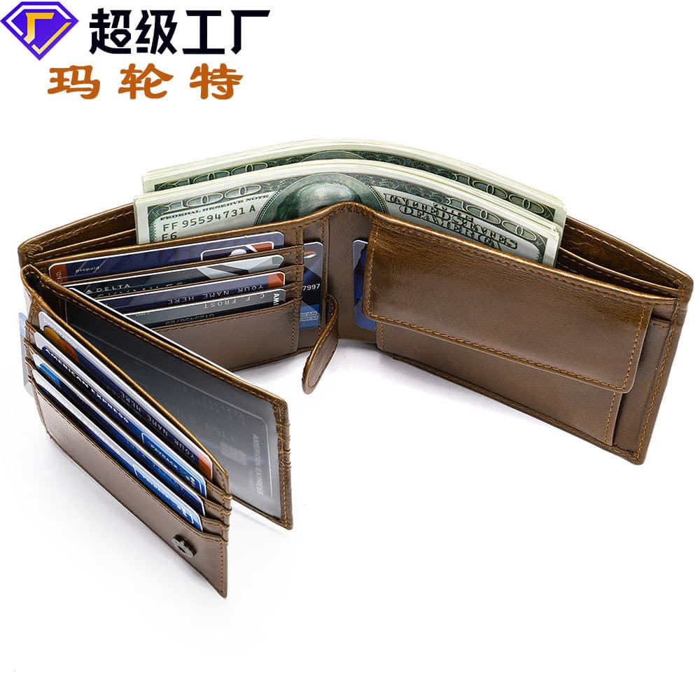 Large Handmade Cowhide Wallet for Men, Genuine Leather Short RFID Blocking Money Clip, Large Capacity Trendy Export Wallet for Men