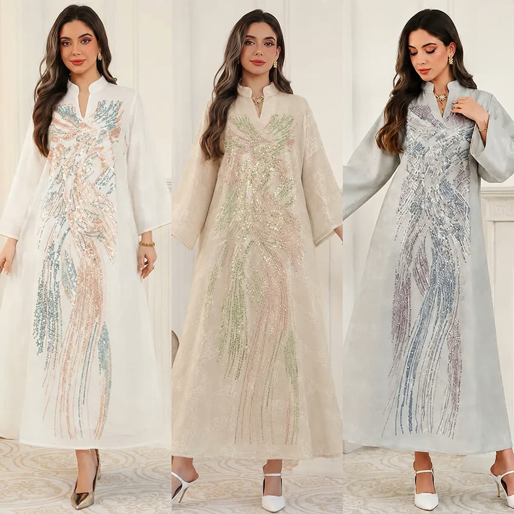 MT568 Cross-Border New Style Beaded Sequin Women's Dress V-Neck Long Dress Elegant Party Travel Gown