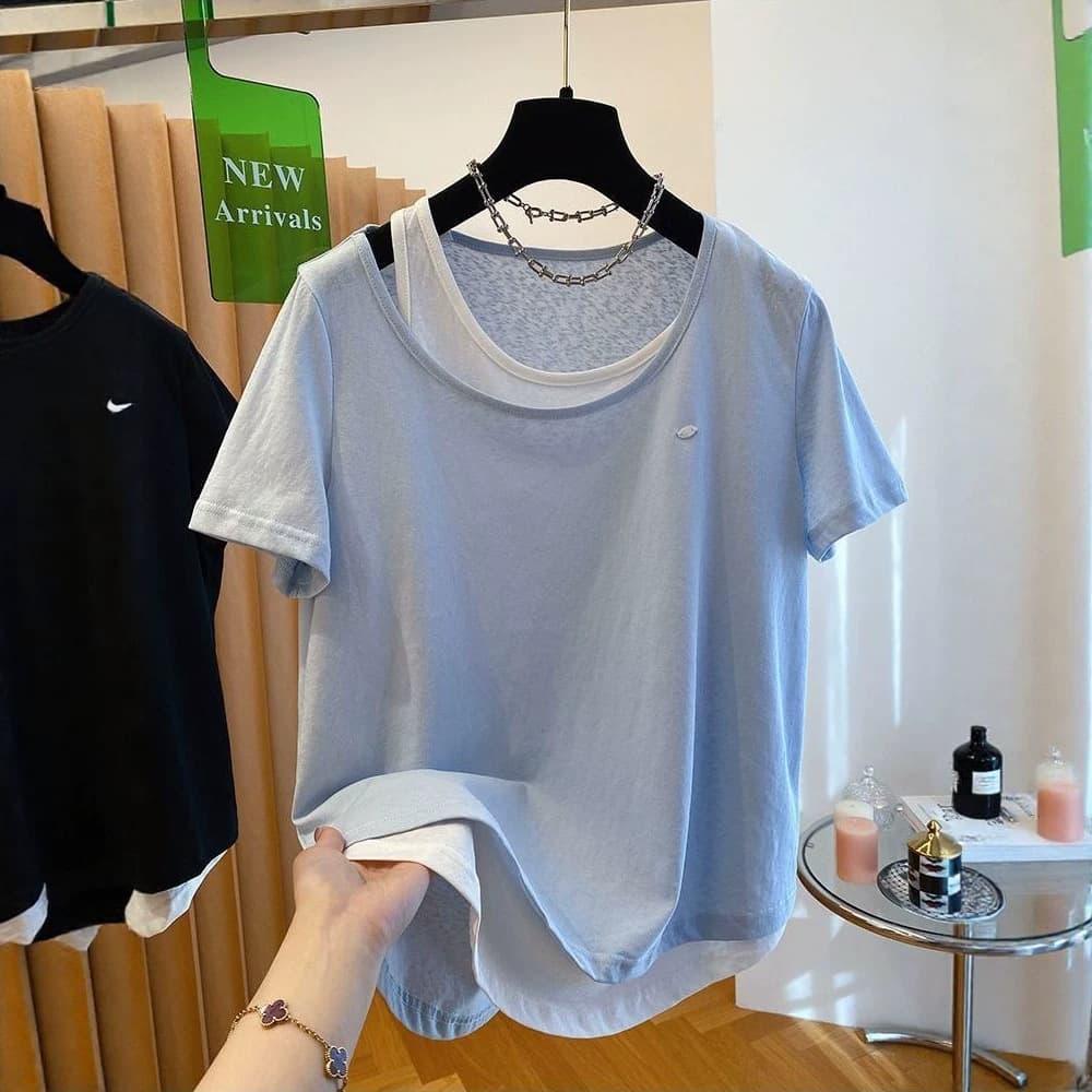 240 lbs Plus Size Women's Korean Style Faux Two-Piece T-Shirt, Short-Sleeve Loose Casual Simple Snowflake Cotton Undershirt for Women