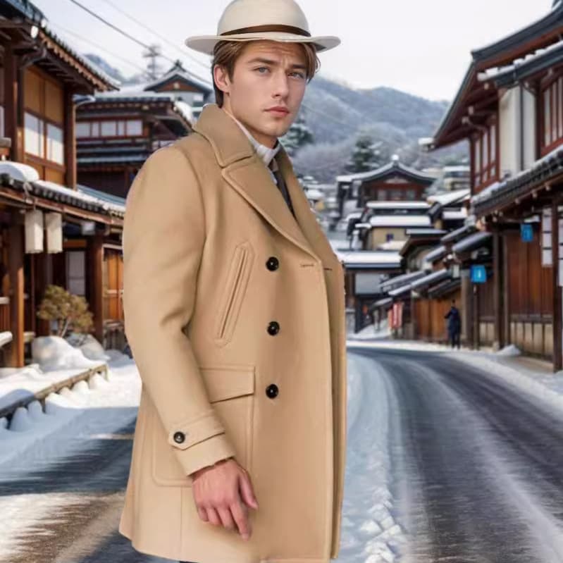 2023 New European and American Cross-border Men's British Style Mid-Length Long-Sleeve Wool Coat for Autumn and Winter