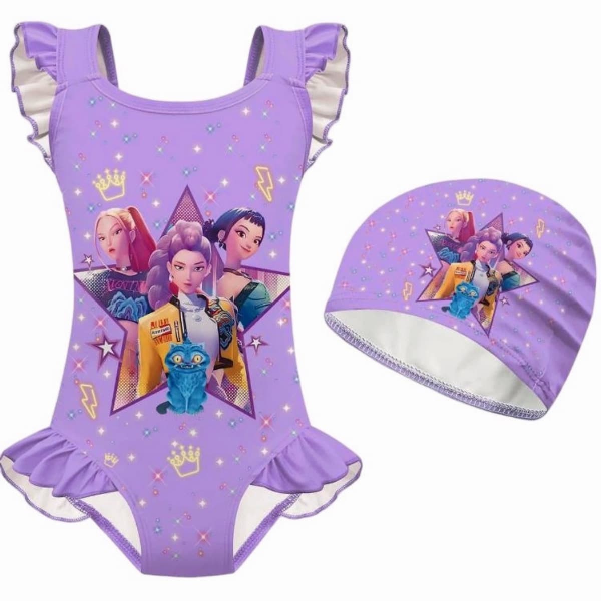 New children's swimsuit cosplay witcher group print girls one-piece lace swimsuit set