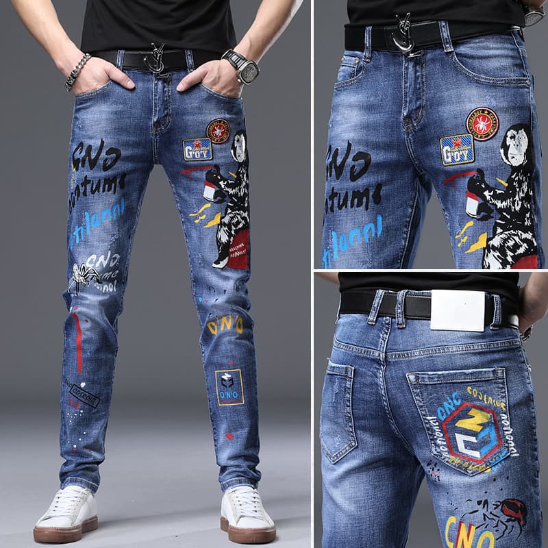 Fall High-End Graffiti Print Slim Fit Stretchy Men's Jeans Fashionable Versatile Cuffed Long Pants Casual Mid-Waist Zipper Opening