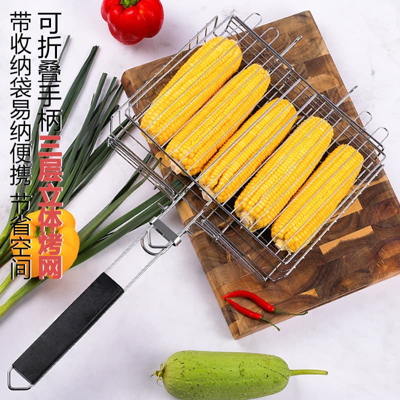 3D BBQ Basket Grill Mesh with Wooden Handle Straight Style Grill Rack Fish Clamp Chicken Rack Outdoor BBQ