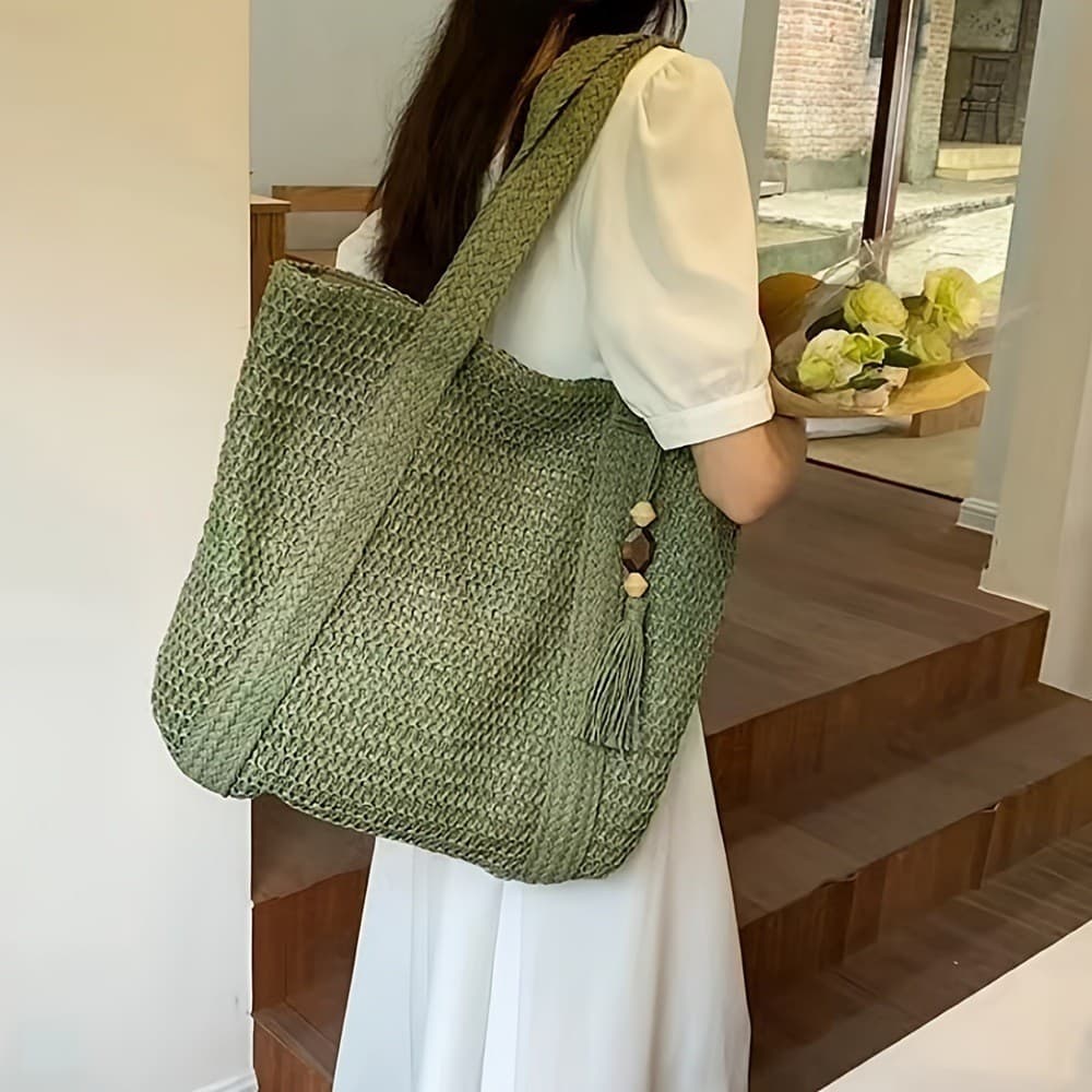 Versatile Straw Woven Beach Bag Large Capacity Summer Vacation Style Coastal Beach Handbag Single Shoulder Tote Women's Bag