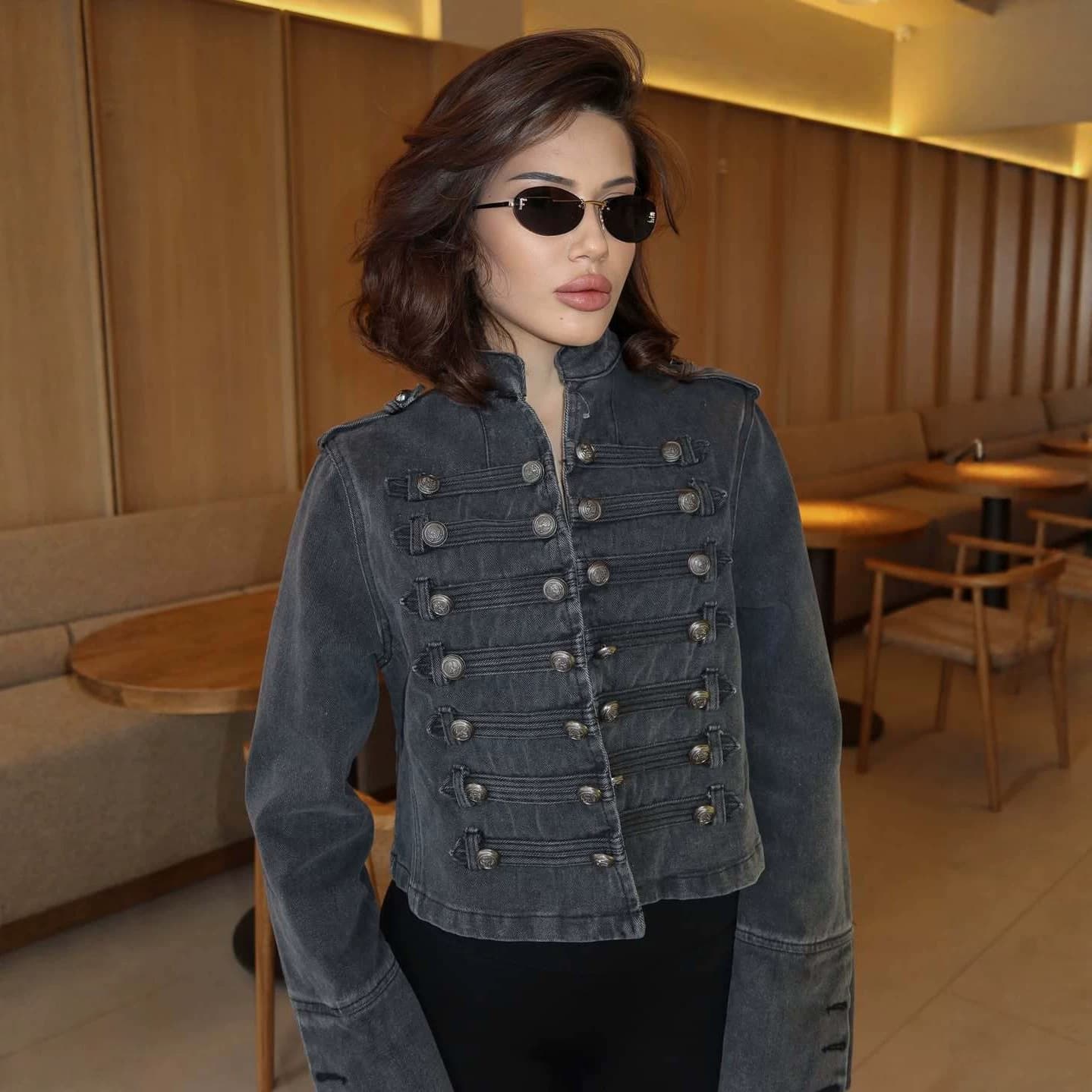 Amazon Cross-border Foreign Trade 2026 Spring and Autumn Retro Versatile Button Decoration Long Sleeve Top Stand Collar Denim Short Jacket