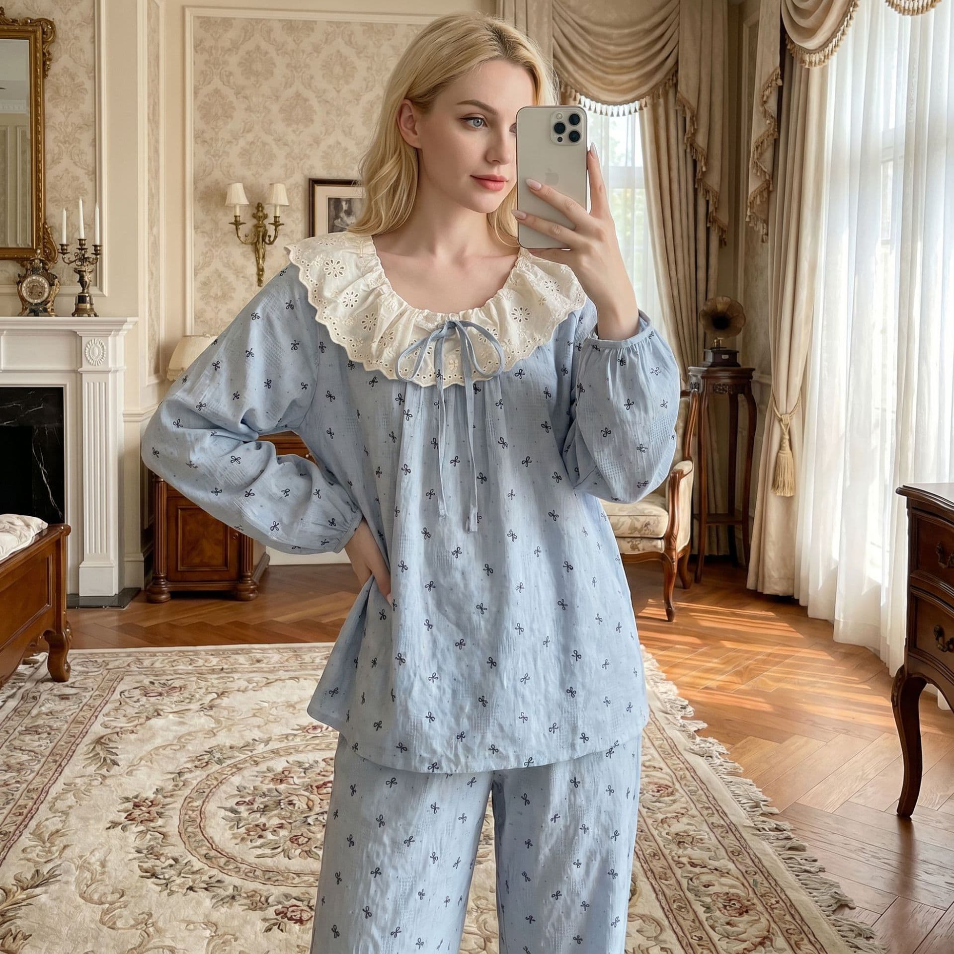 Women's Pajama Set for Spring and Autumn, Sweet Lace Bowknot Design, Pure Cotton and Linen, Long Sleeve and Long Pants, Loungewear Set for Cross-Border US and EU Markets