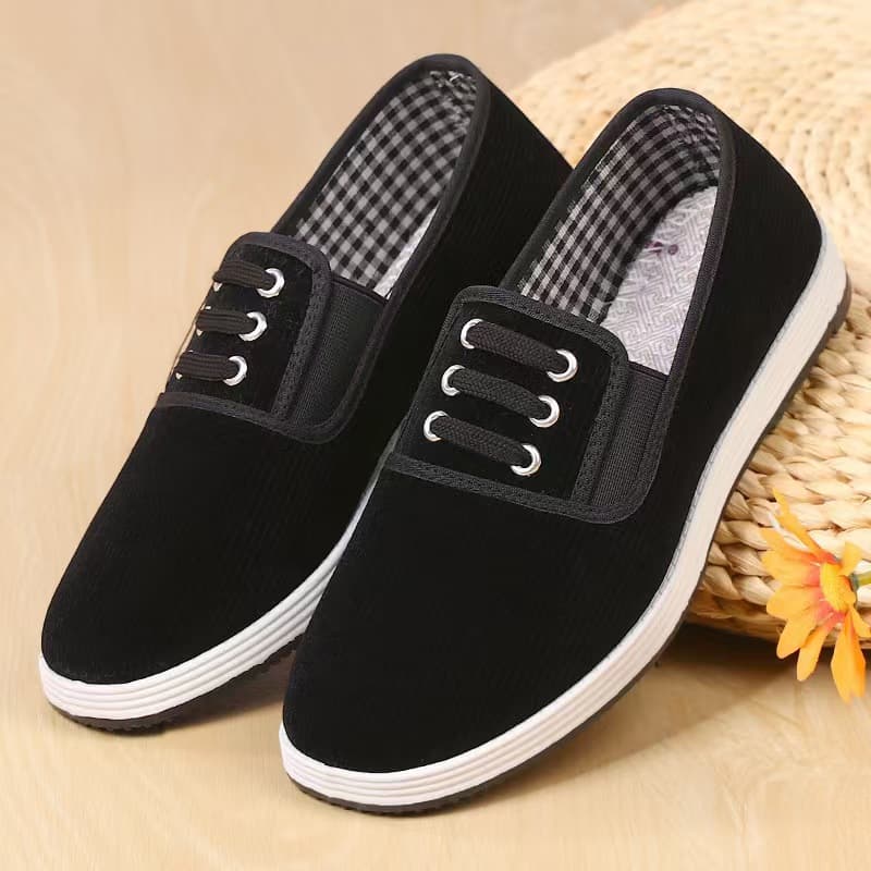 Spring/Autumn Old Beijing Corduroy Black Cloth Shoes Slip-On Elastic Leisure Unisex Cloth Shoes with Three Ribs, Drop Shipping