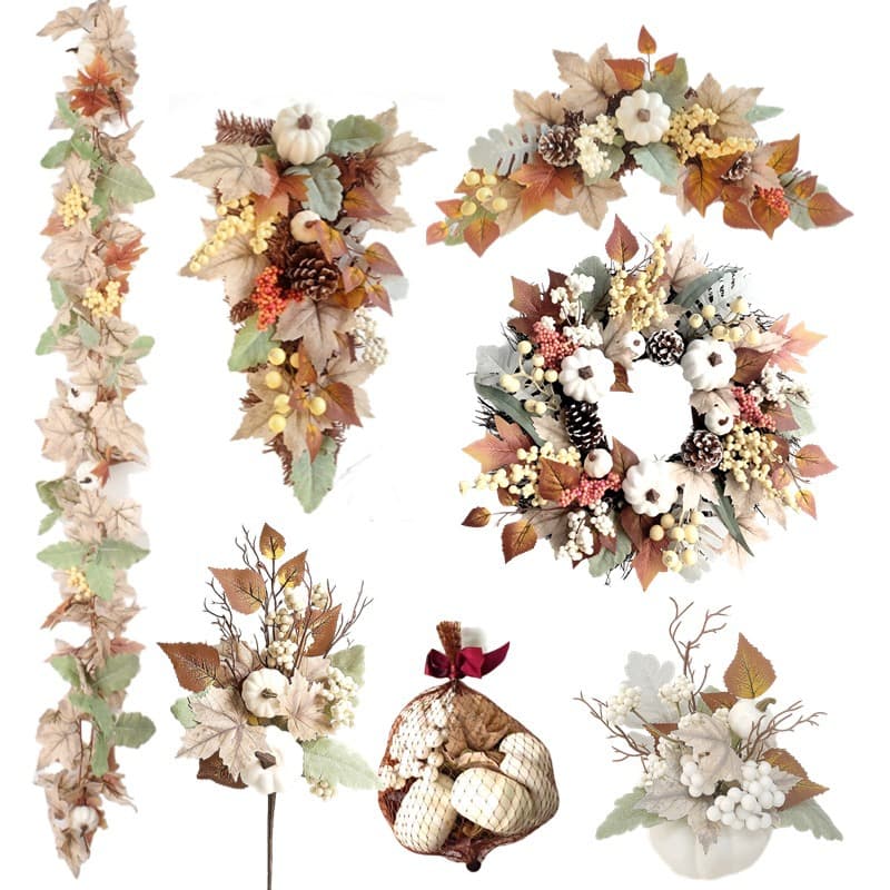 Harvest Festival Farmhouse Decor, Thanksgiving Maple Leaves Berries White Pumpkin Set, Wreath Ornaments and Hangers