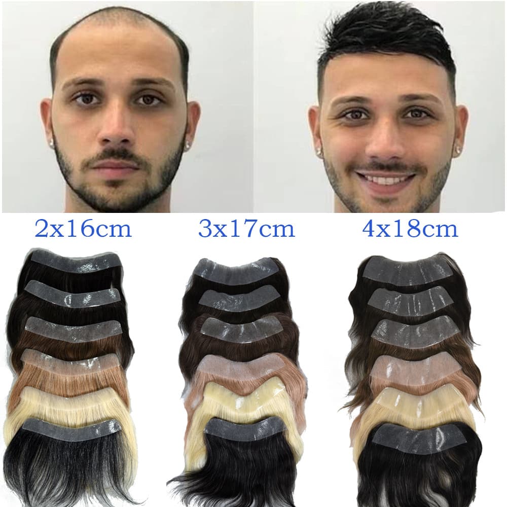 Seamless Ultra-Thin Transparent Pu Men's Real Hair Forehead Hairline Replacement Piece 2X16/3X17/4X18Cm