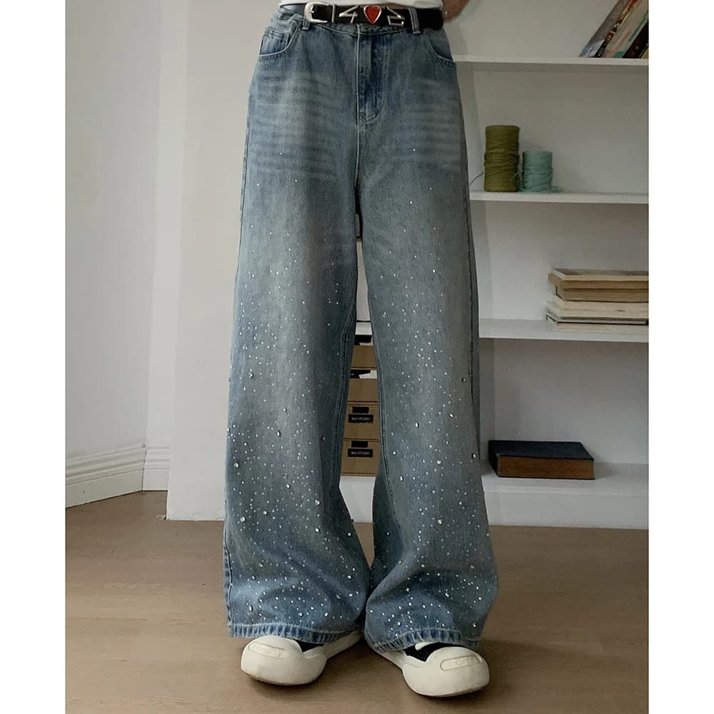 Sun Ensheng [Store Owner's Pick] Rhinestone Washed Distressed Loose Wide-Leg Floor-Length Jeans for Men, Trendy Summer Style