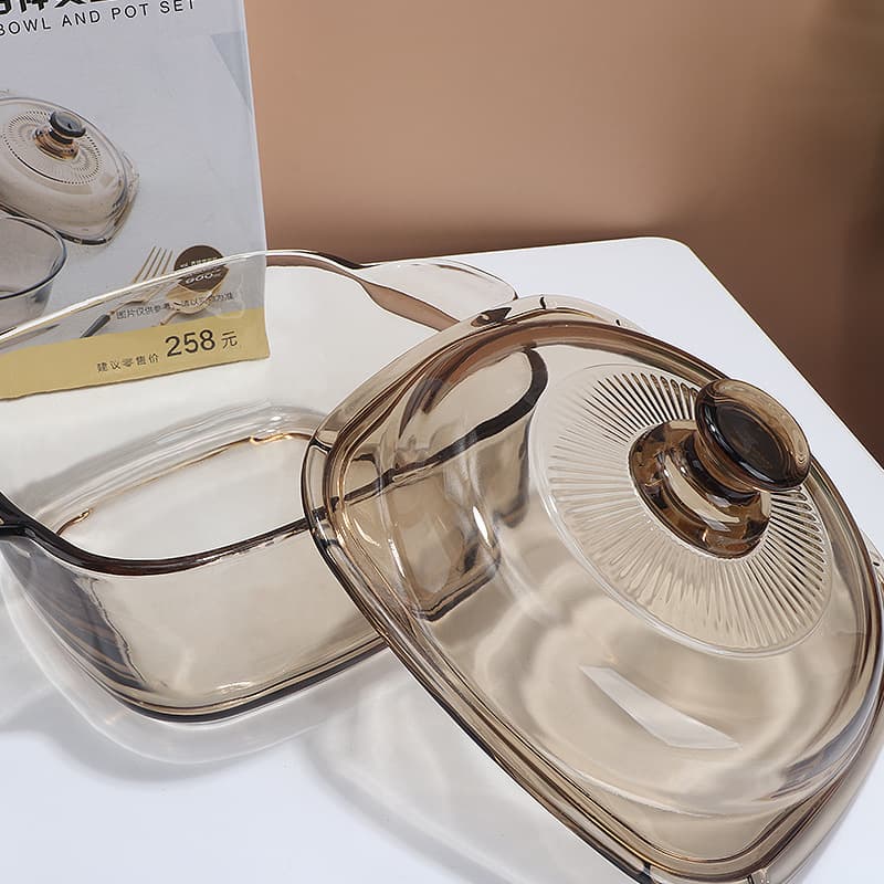 Brown Glass Bowl Dinnerware Set, Double-Handled Instant Noodle Bowl, Fruit Salad Bowl, Rice Bowl with Lid, Glass Casserole, Promotional Gift