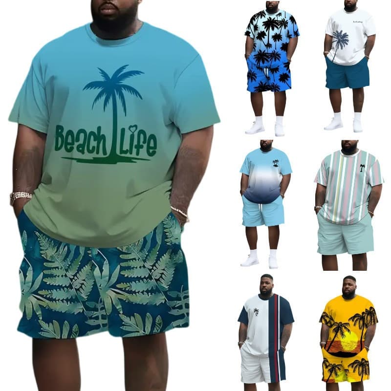Amazon Cross-Border European and American Fashion T-Shirt and Shorts Set Coconut Tree 3D Digital Print Casual Beach Shorts Set